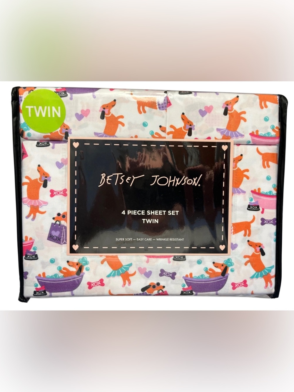 Betsey Johnson Diva Dog Pink 4 Piece Twin Bed Sheet Set Dachshund Wiener Dog New